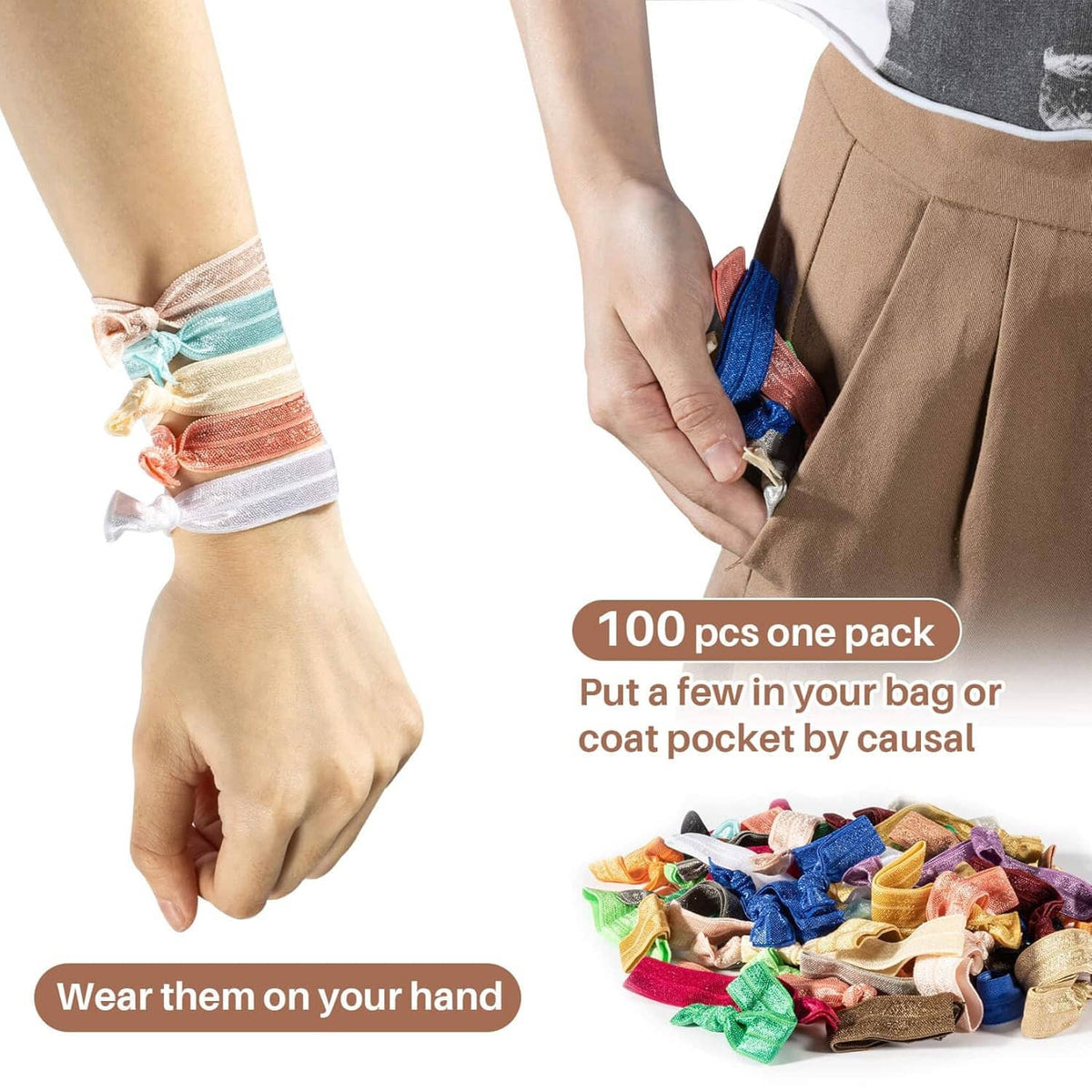 Assorted ribbon elastic hair ties, with tied wrist example and bundled contents