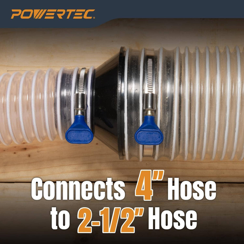 Black cone reducer with two key hose clamps connecting 4" and 2-1/2" hoses