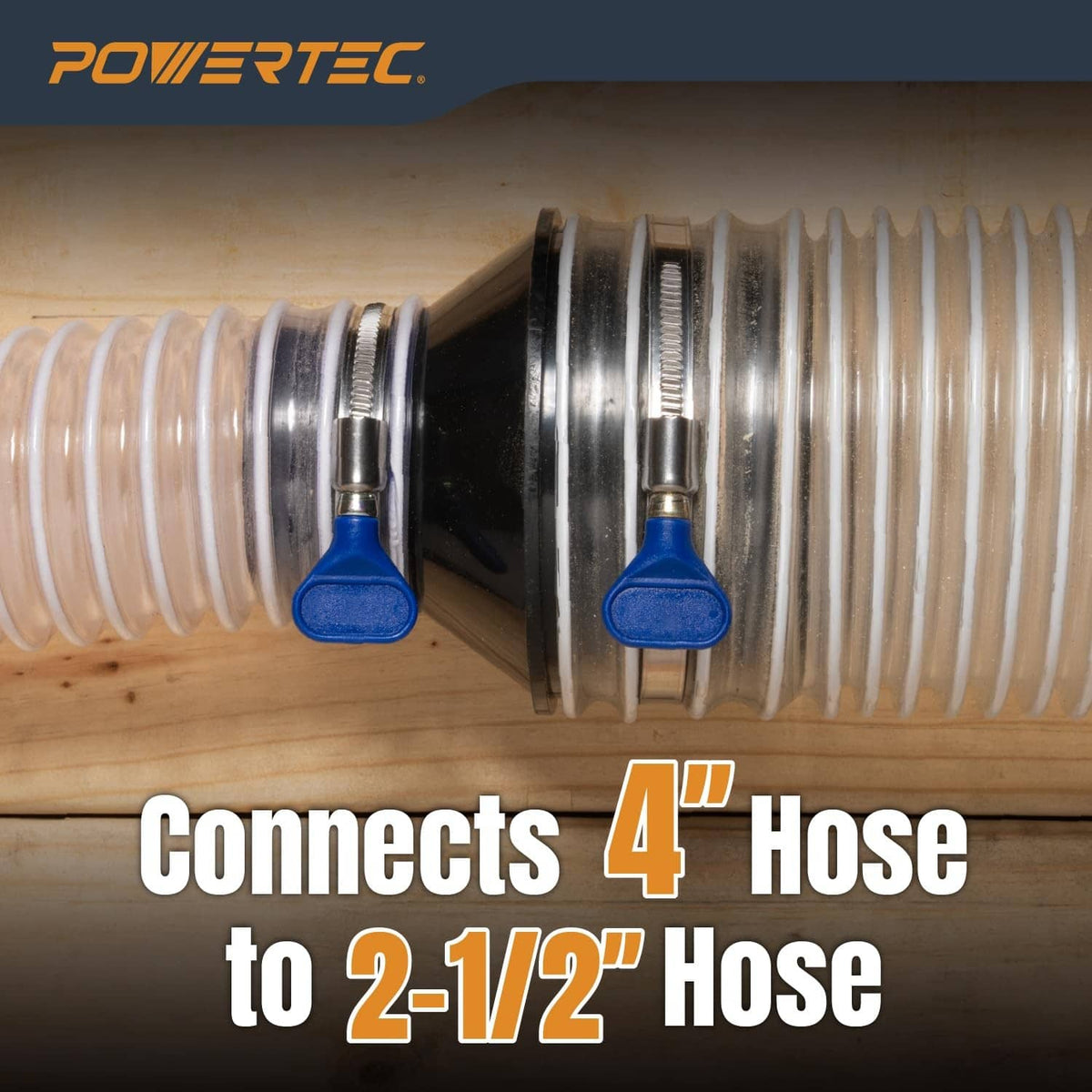 Black cone reducer with two key hose clamps connecting 4" and 2-1/2" hoses