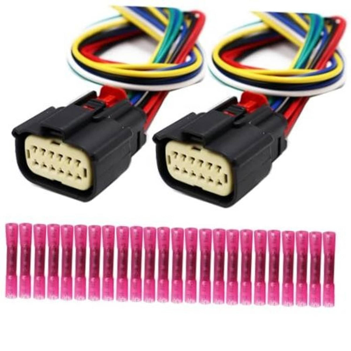Headlight wiring connector pair with multi-color leads and beige pin plug; includes pink sleeves