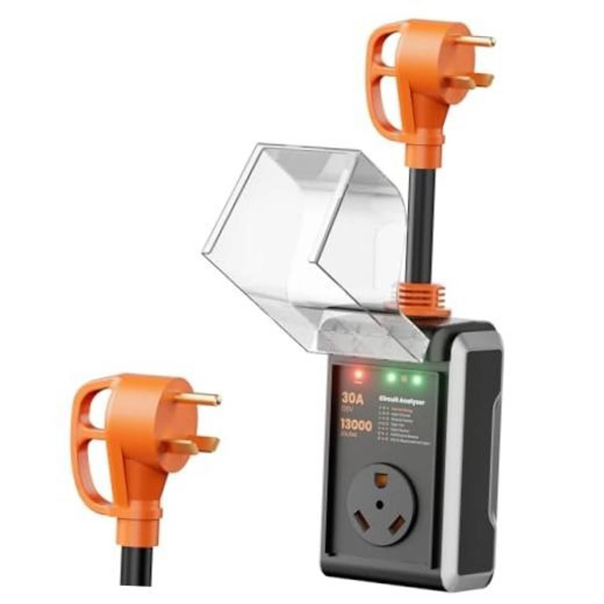 RV surge protector with orange plug, LED indicators, and outlet socket on compact case