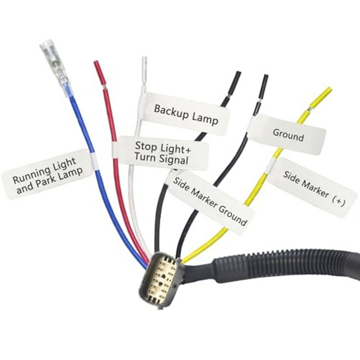 Tail light harness adapter wiring with plug and visible labeled lead segments