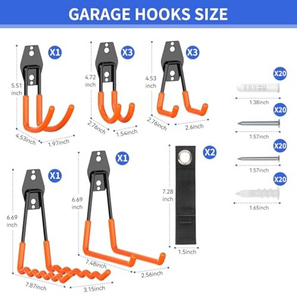 Garage hook set with orange non-slip PVC double hooks, straps, and included mounting screws