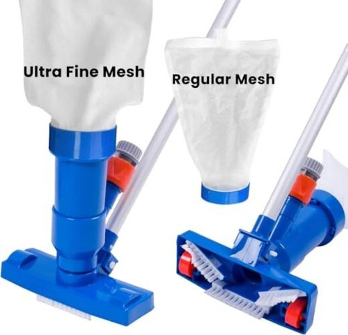 Pool spa vacuum cleaner with blue base, brush head, and two mesh filter bags (ultra-fine, regular)