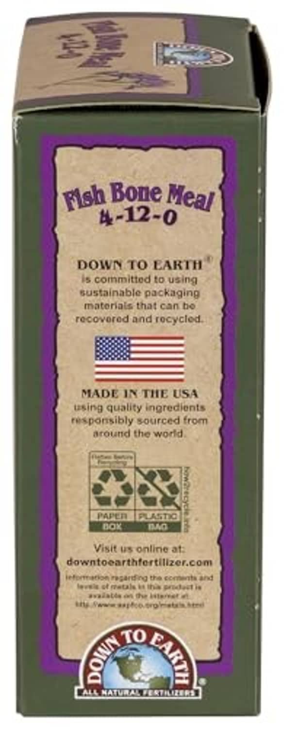 Front side panel of fish bone meal fertilizer box with recycling and Made in USA