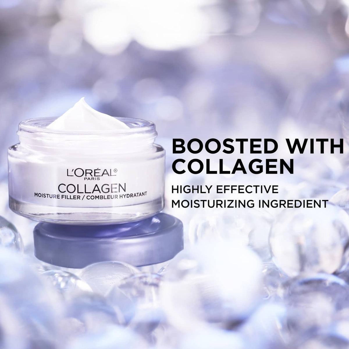 L’Oreal Collagen moisturizer jar with blue lid and cream swirl top