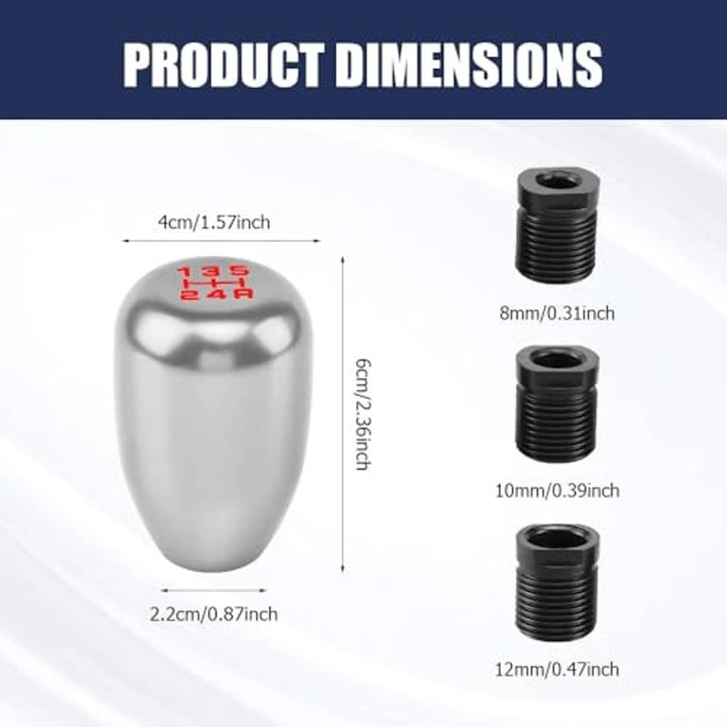 Car gear shift knob size diagram with silver knob and threaded adapter pieces
