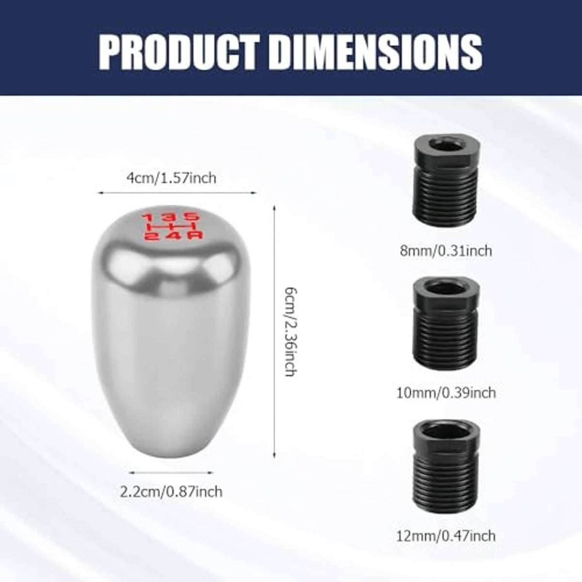 Car gear shift knob size diagram with silver knob and threaded adapter pieces