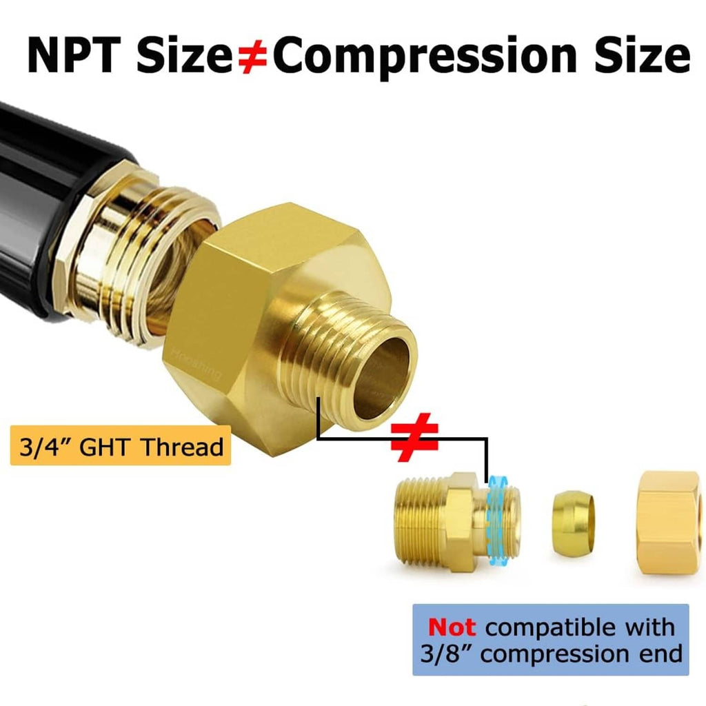 NPT thread size vs compression size diagram for garden hose adapter