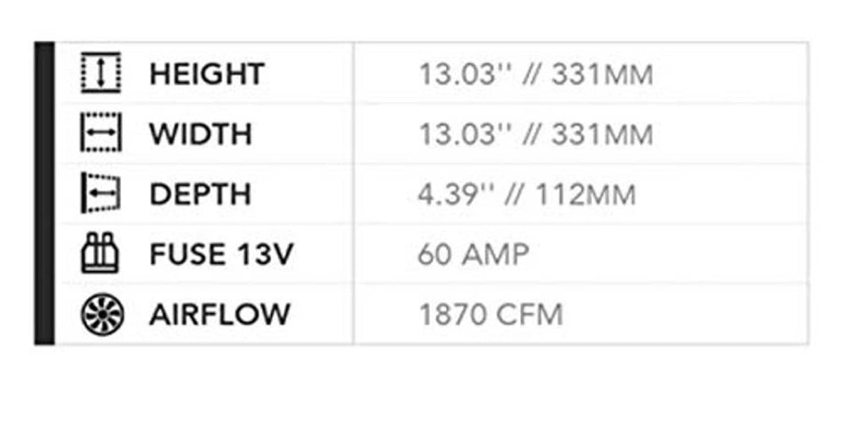 SPAL puller fan spec chart: height 13.03 in, width 13.03 in, depth 4.39 in, 1870 CFM