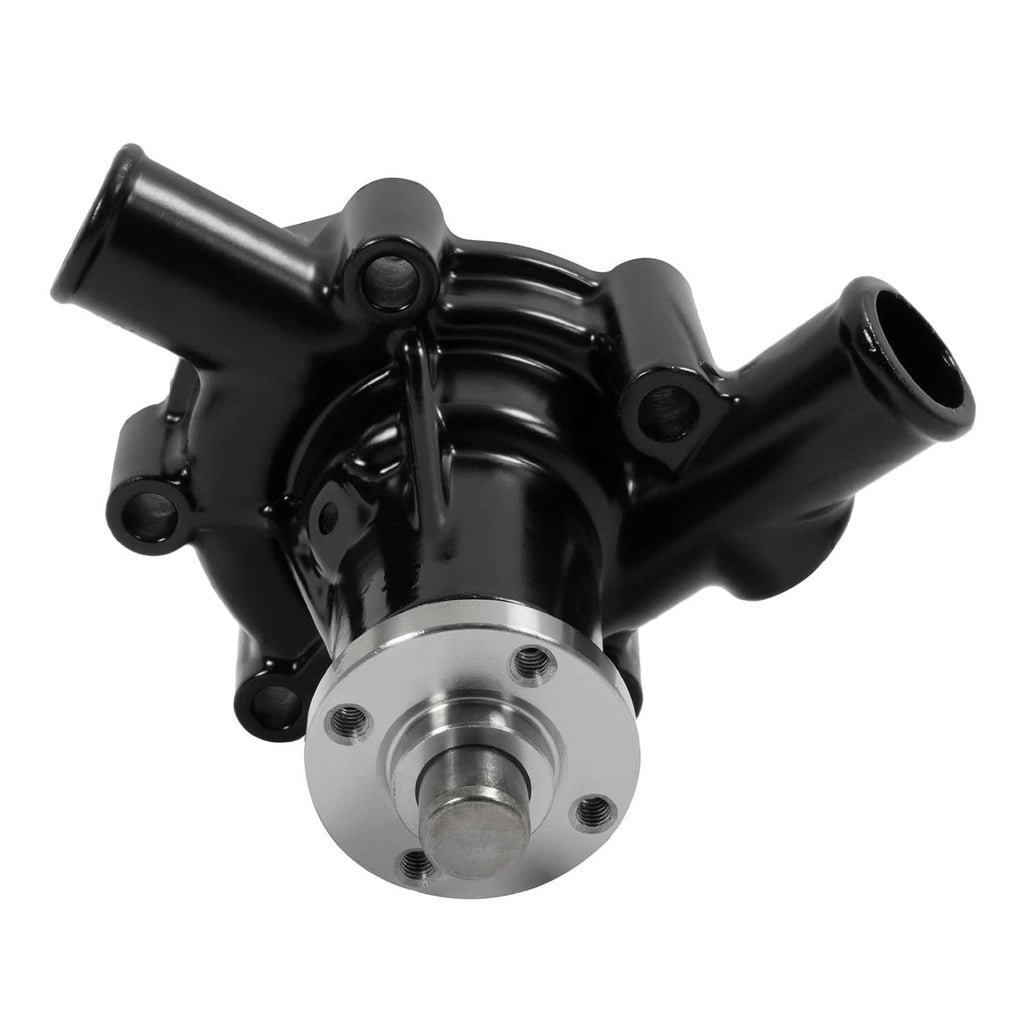 Black water pump with metal flange base and multiple curved hose connection ports
