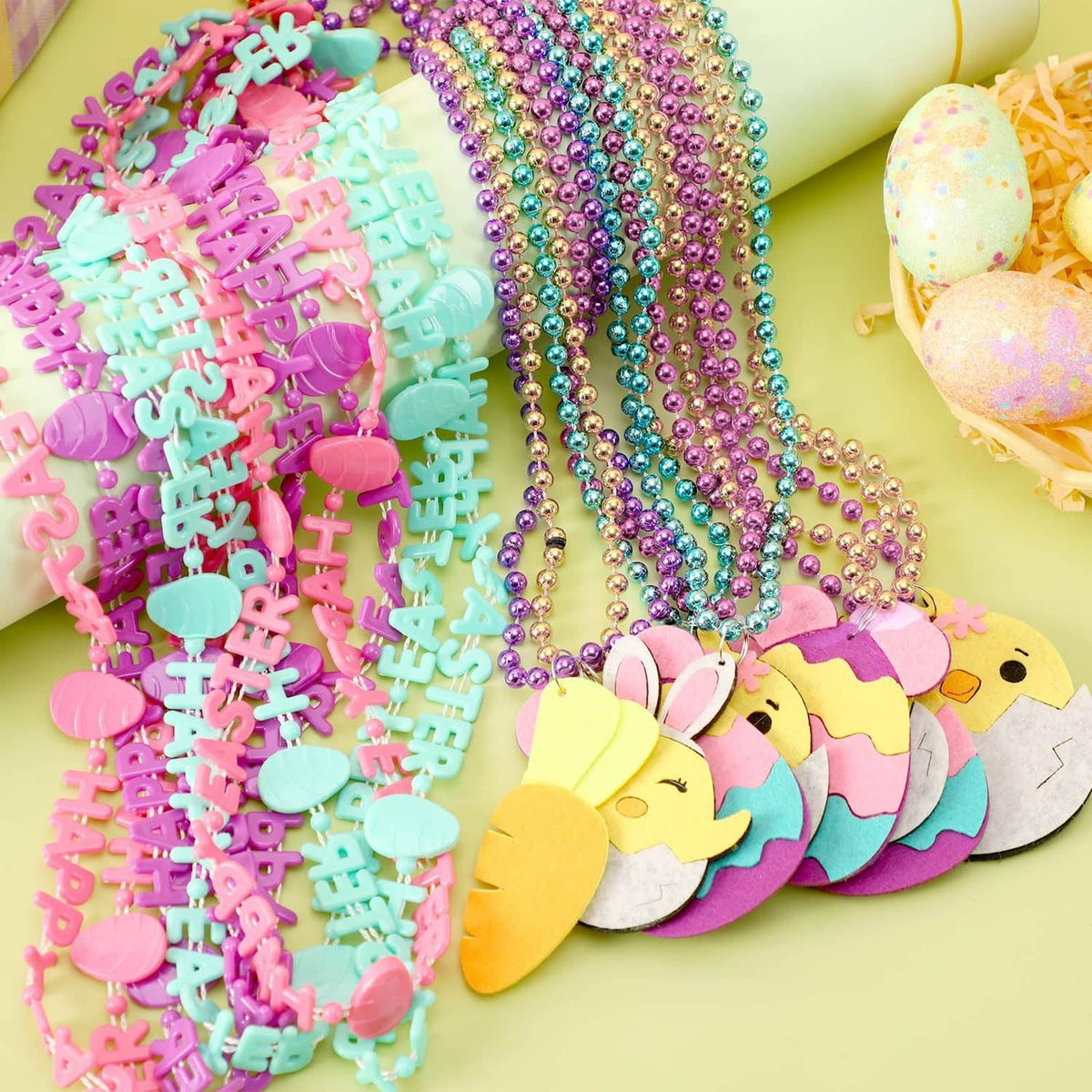 Easter metallic bead necklace set with layered strands and bunny-shaped pendant charms