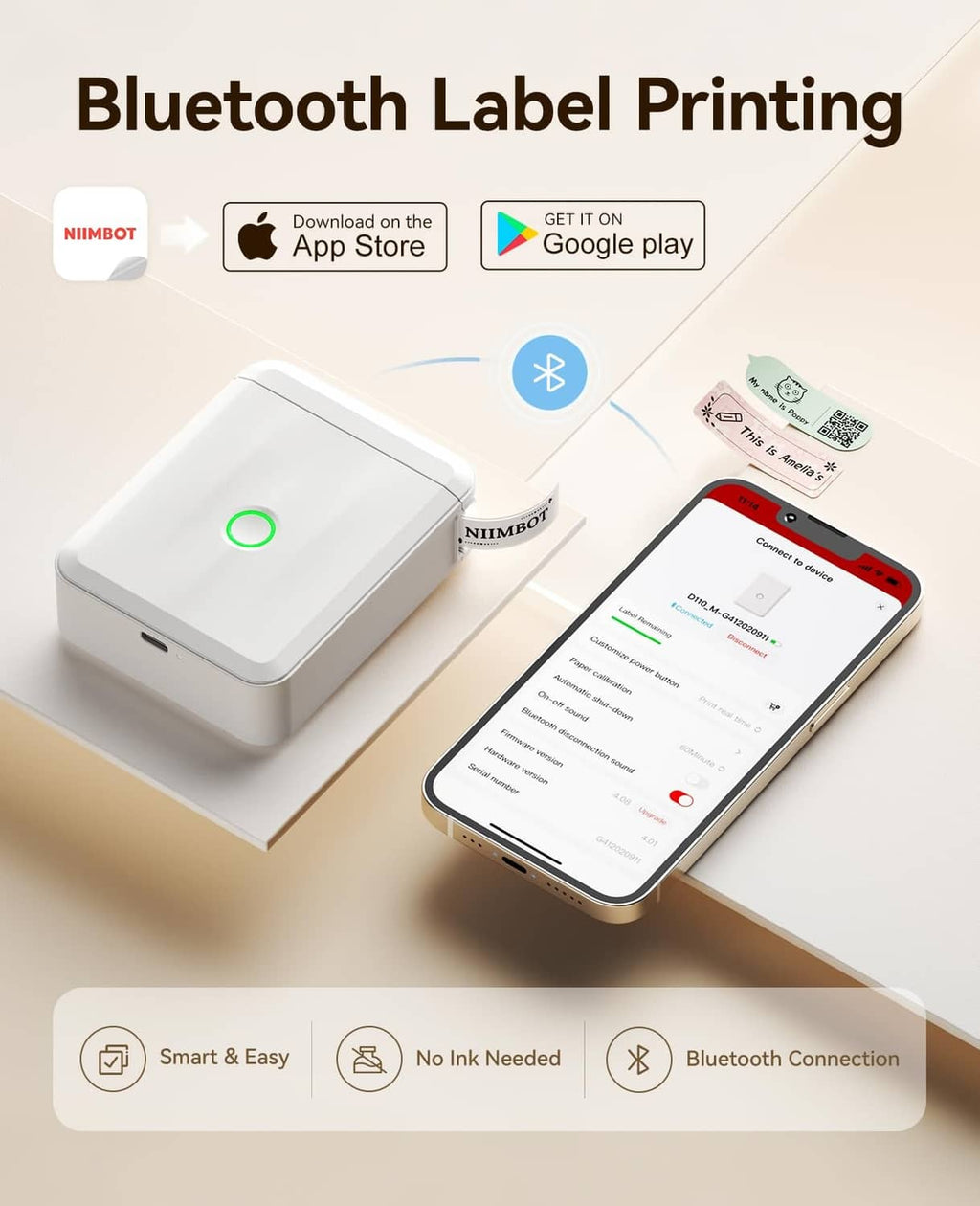 Bluetooth mini label printer with smartphone showing label printing