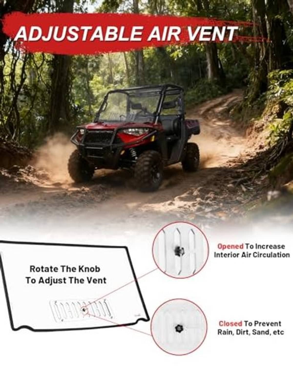UTV windshield vent detail with adjustable knob for controlled airflow through panel