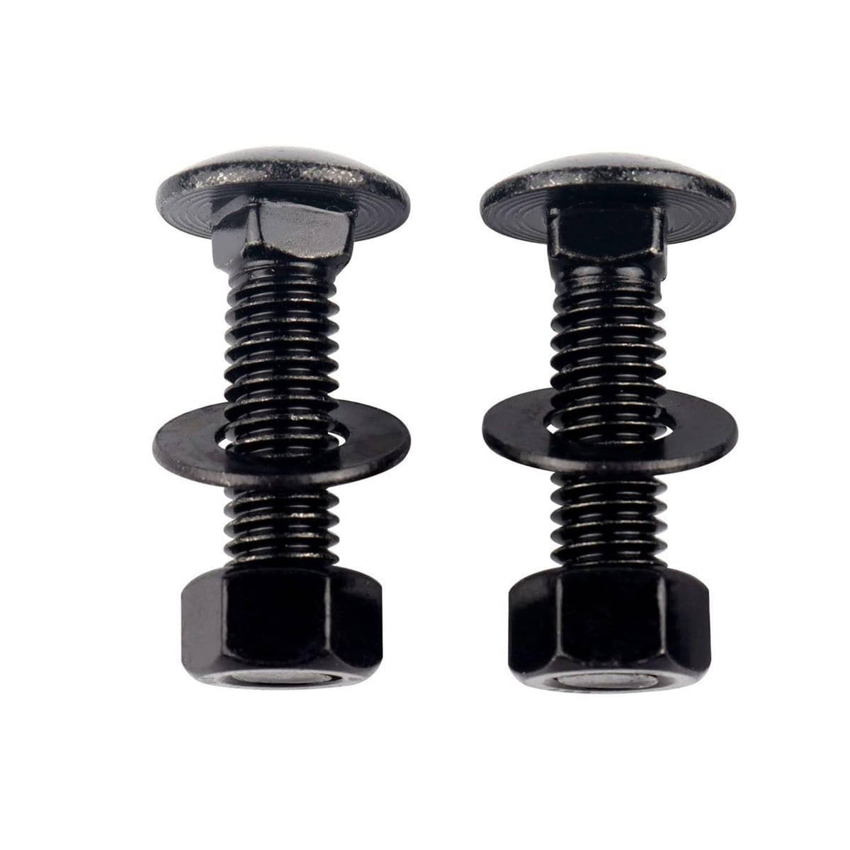 Black carriage bolts with hex heads and round shoulders (2 pieces shown)