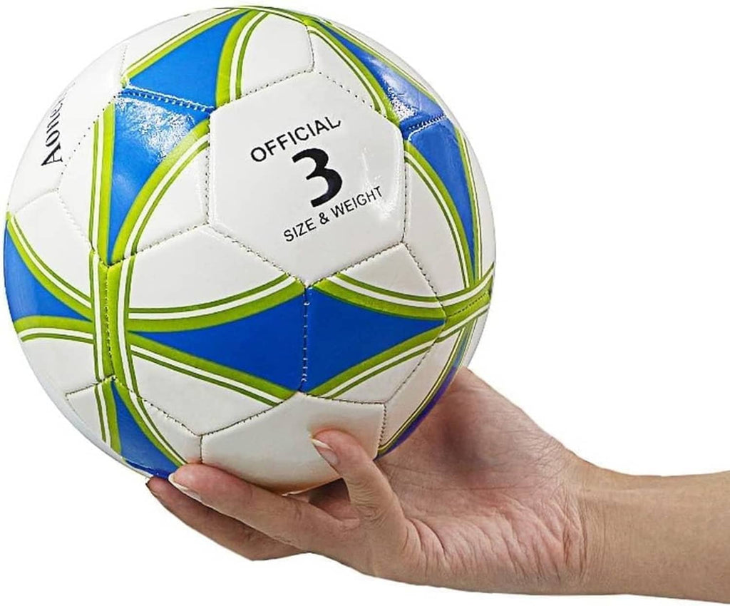 Soccer ball held in a hand, white with blue and lime-green stripe panel design