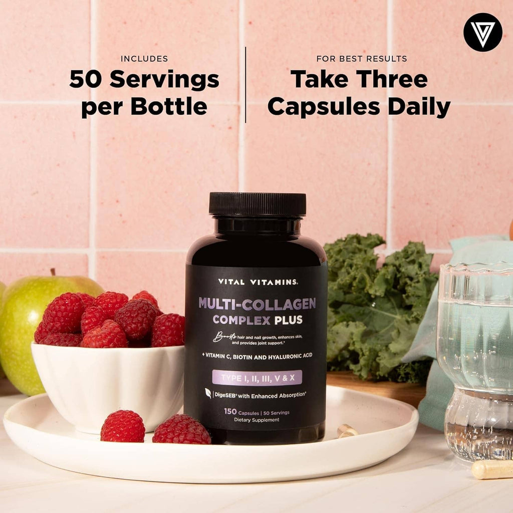 Black collagen supplement bottle on a plate with raspberries and a glass of water
