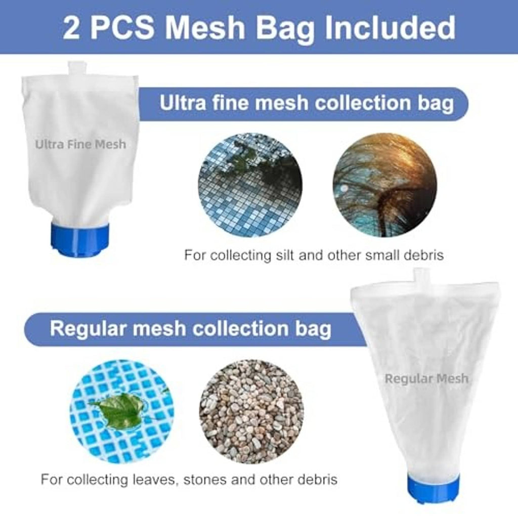 Two mesh collection bags for pool vacuum: ultra-fine and regular, white fabric bags