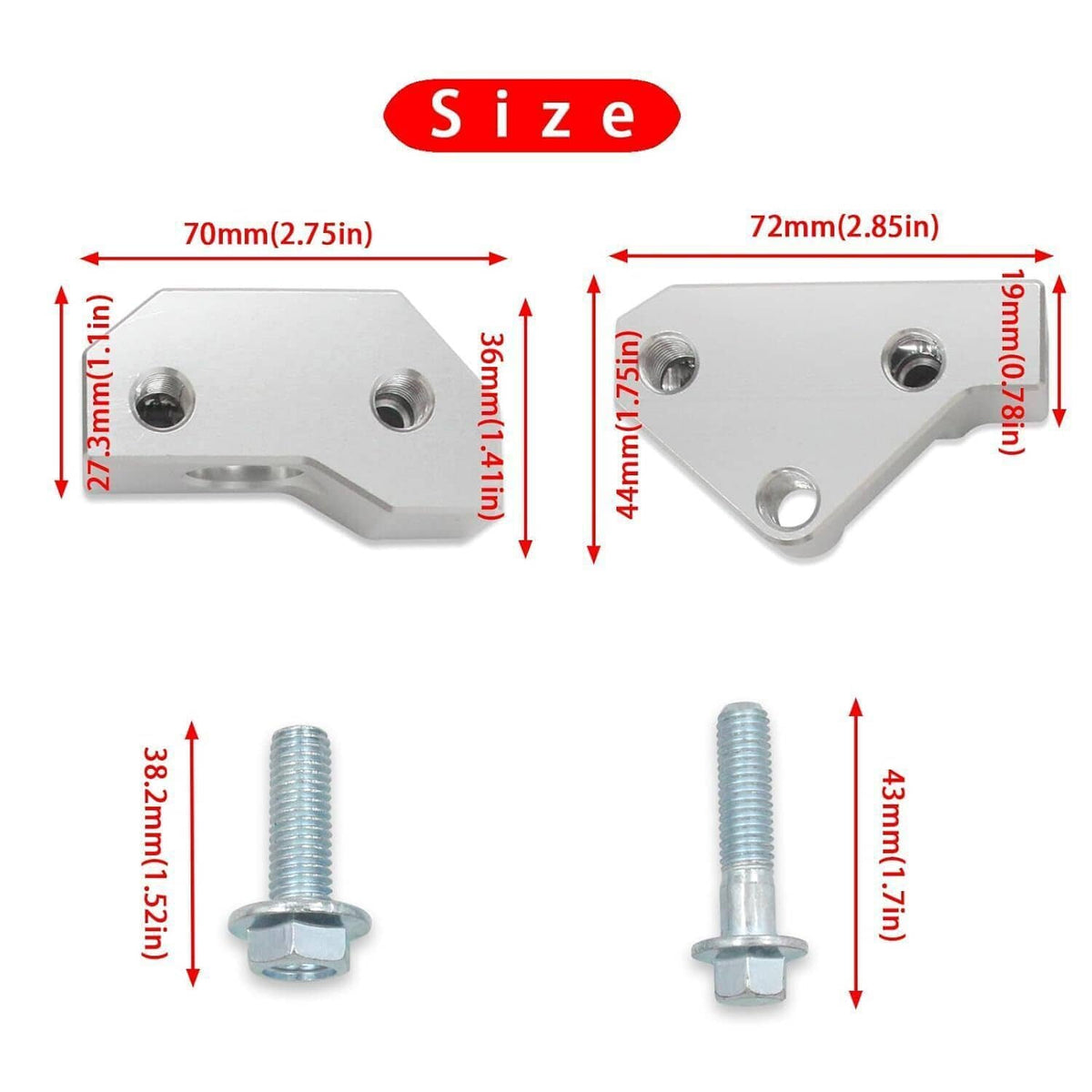 Knock sensor relocation bracket set with two silver brackets and mounting bolts