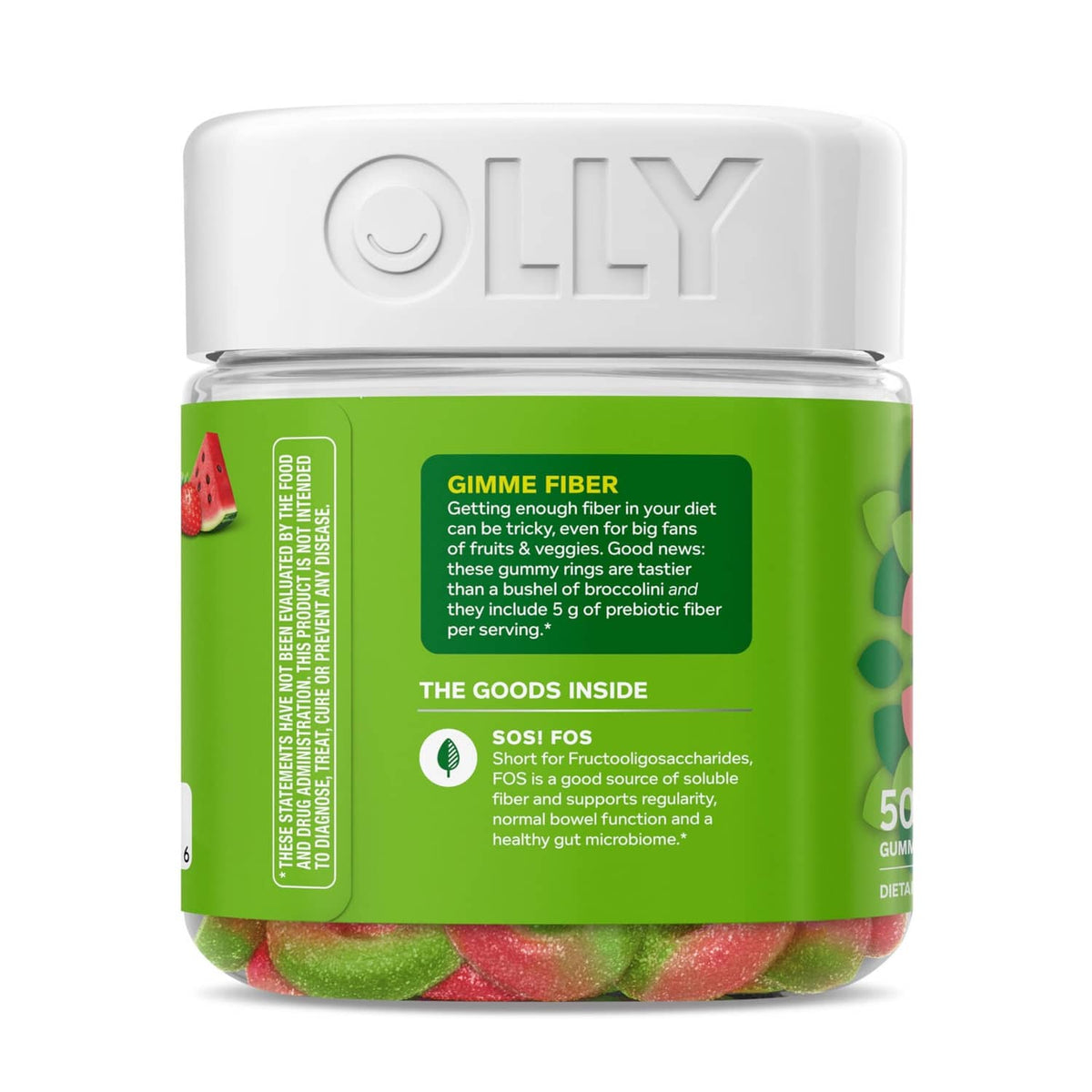 OLLY Fiber Gummy Rings supplement jar back label with ingredients and 50 count.