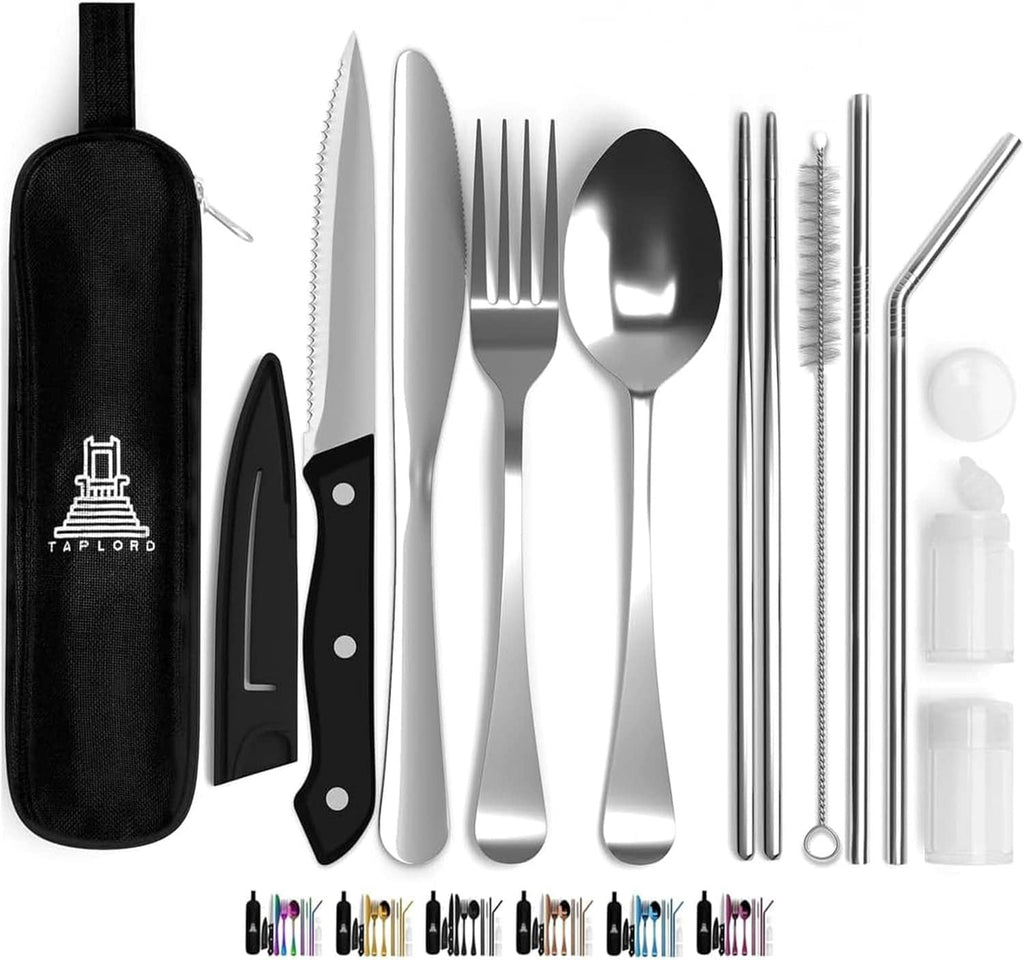 Portable travel silverware set with black case and stainless steel utensils