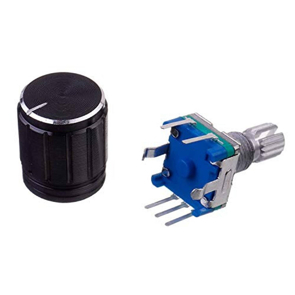 Black rotary digital potentiometer encoder with metal shaft, blue slide switch, and 5-pin connector legs.