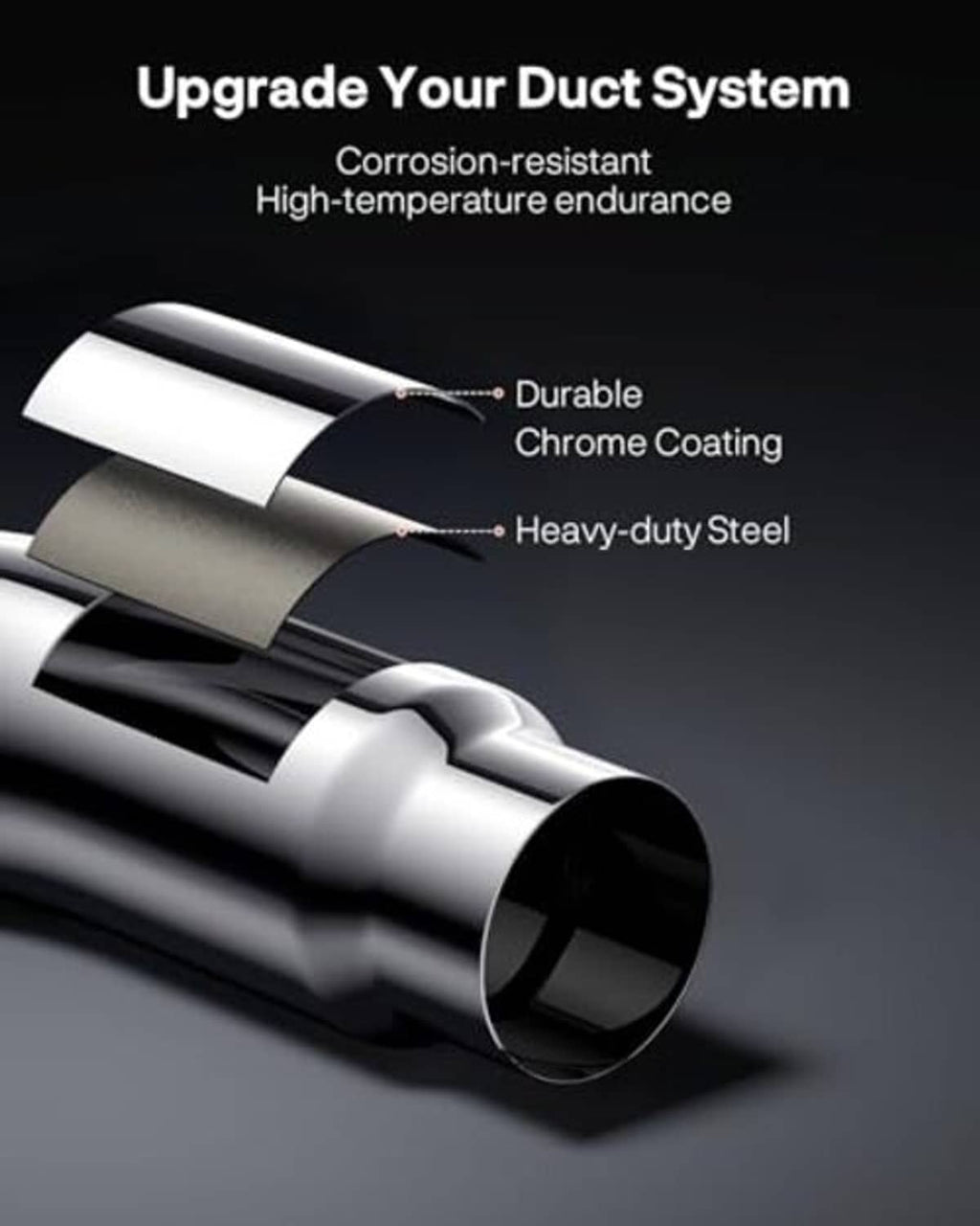 Chrome exhaust elbow tip with clamp, close-up of curved duct and black opening