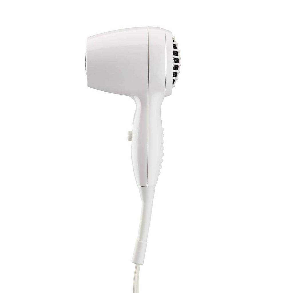 Conair wall-mount hair dryer, white, side view with rear vent slots
