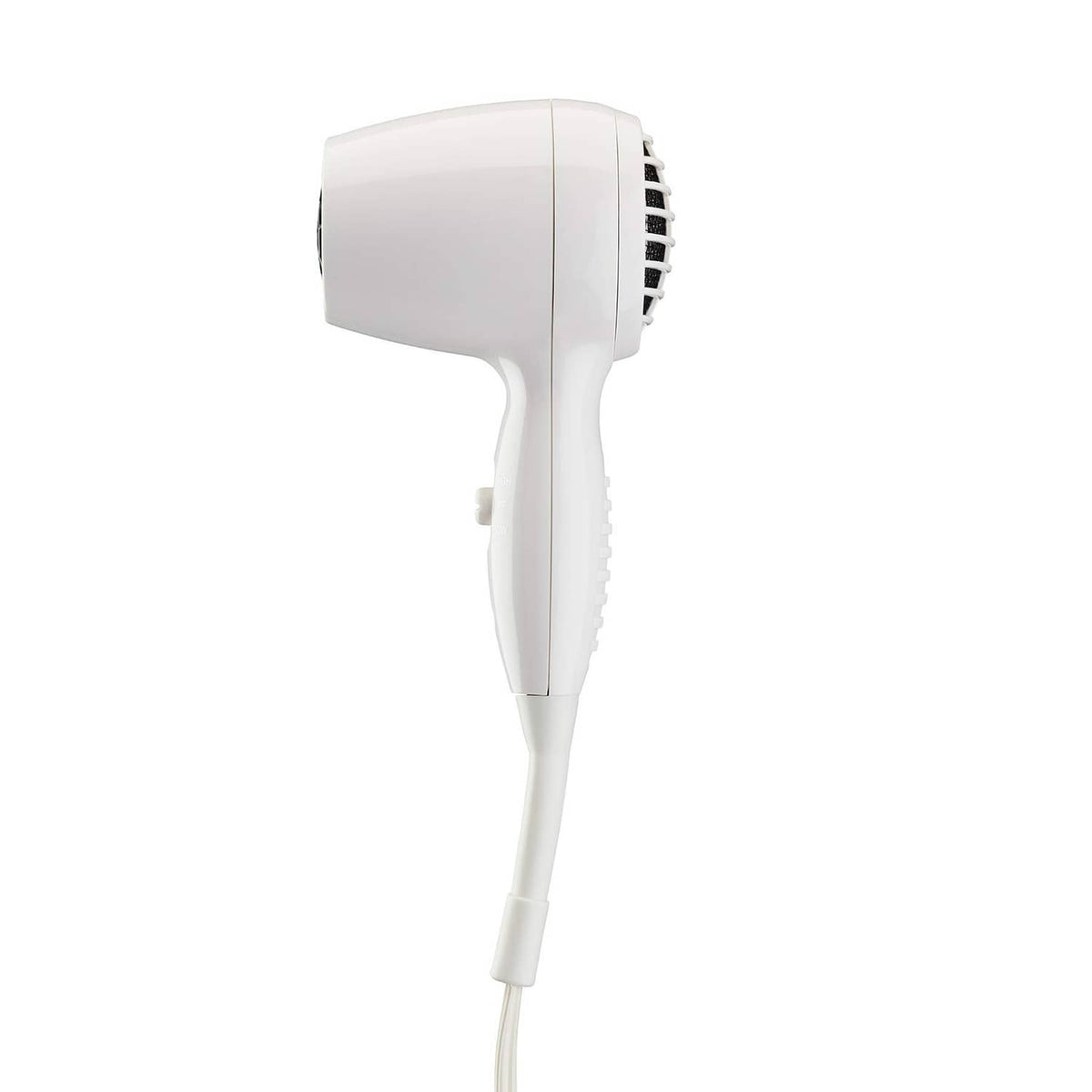 Conair wall-mount hair dryer, white, side view with rear vent slots