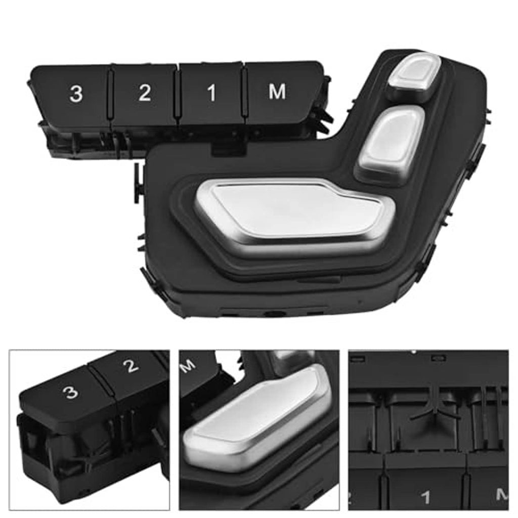 Seat adjustment switch set collage: black housing, white lever, and control button panel