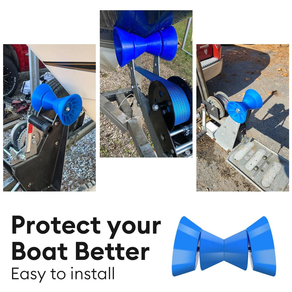 Blue boat trailer bow stop roller installed on the trailer frame