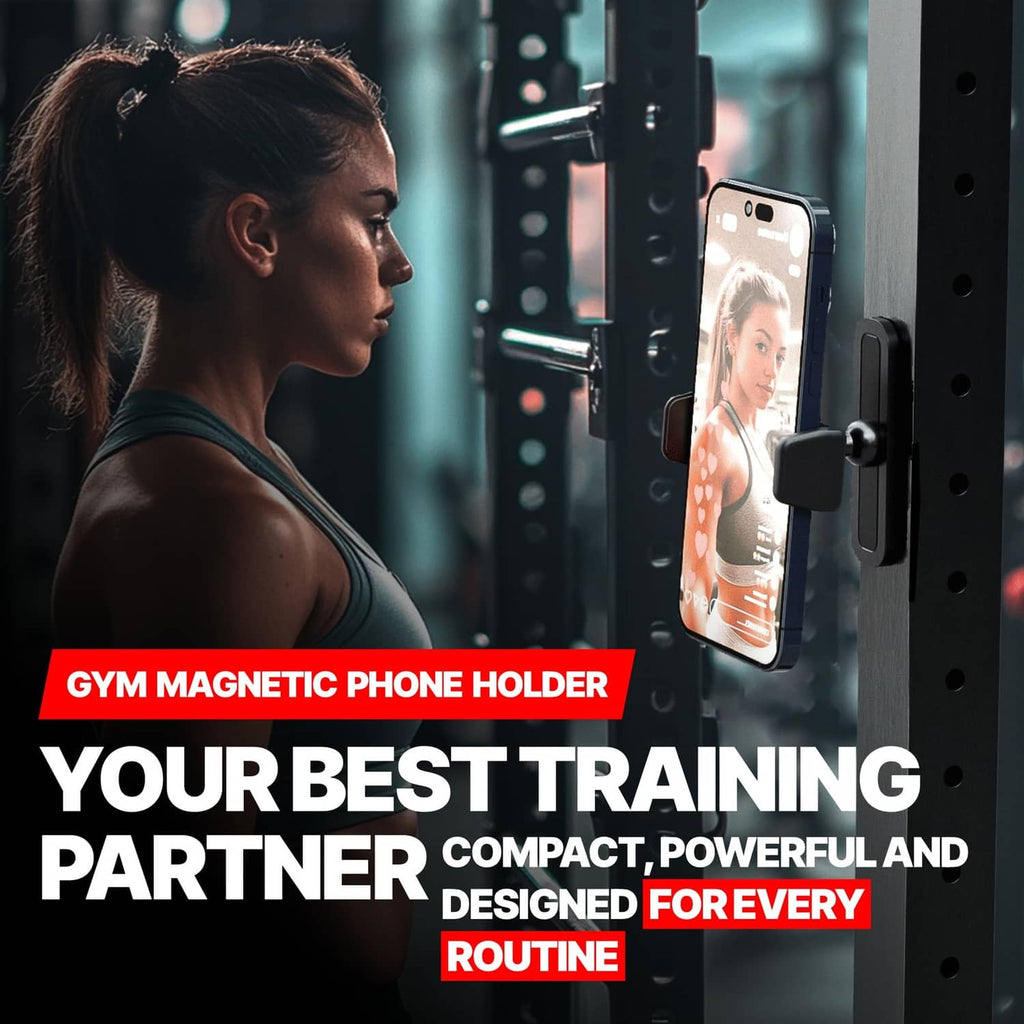 Black magnetic phone holder securing a smartphone to a metal gym rack.