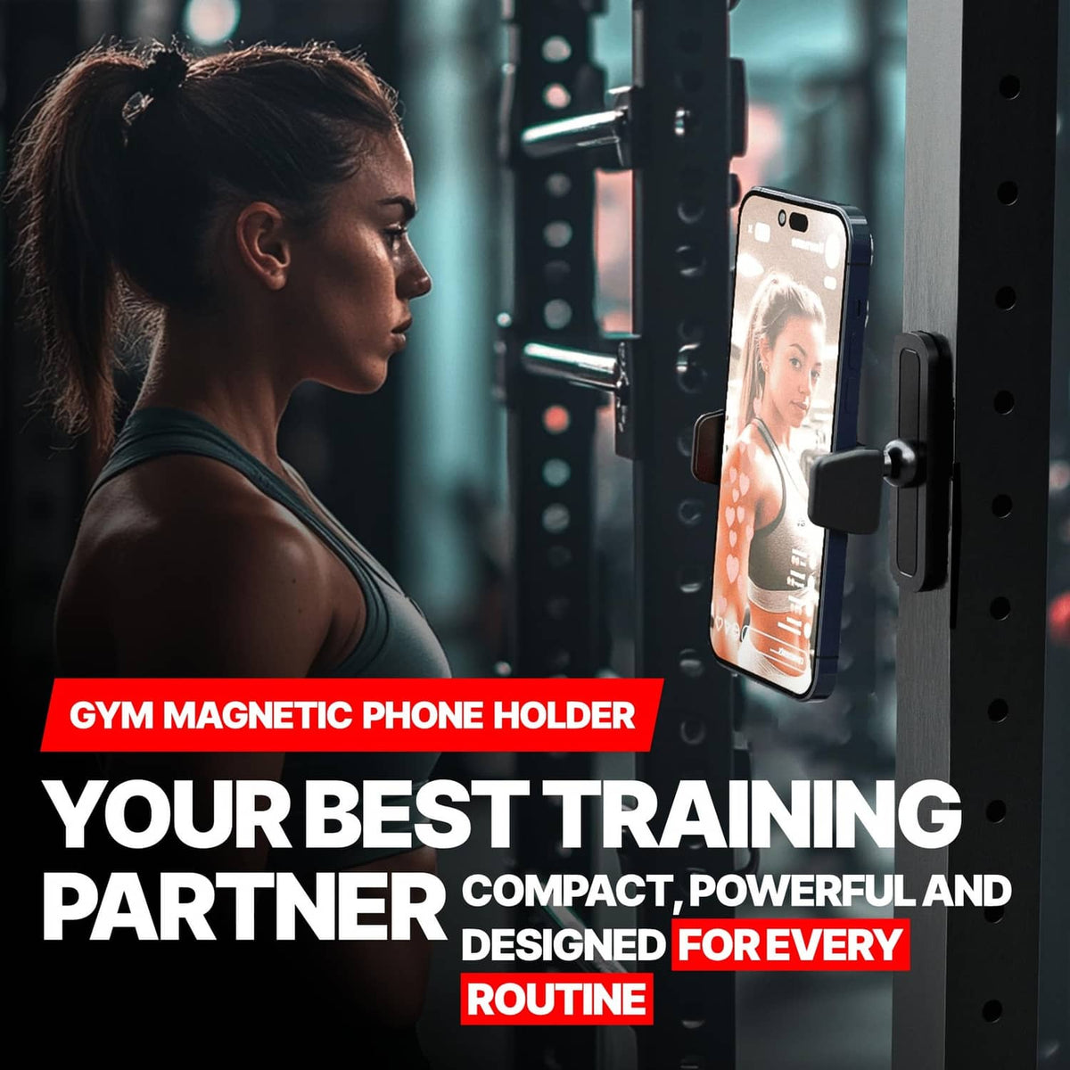 Black magnetic phone holder securing a smartphone to a metal gym rack.