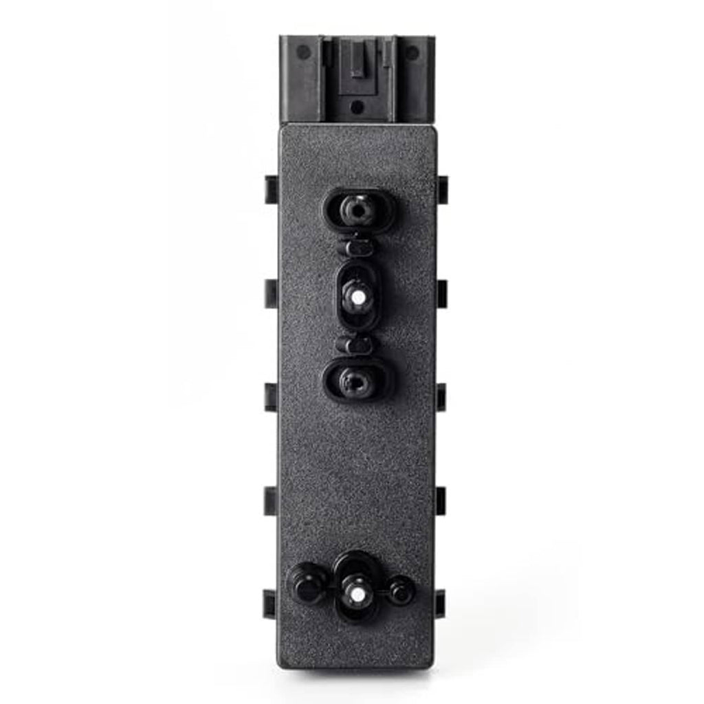 Power seat switch front view with three round buttons on gray textured panel, black base
