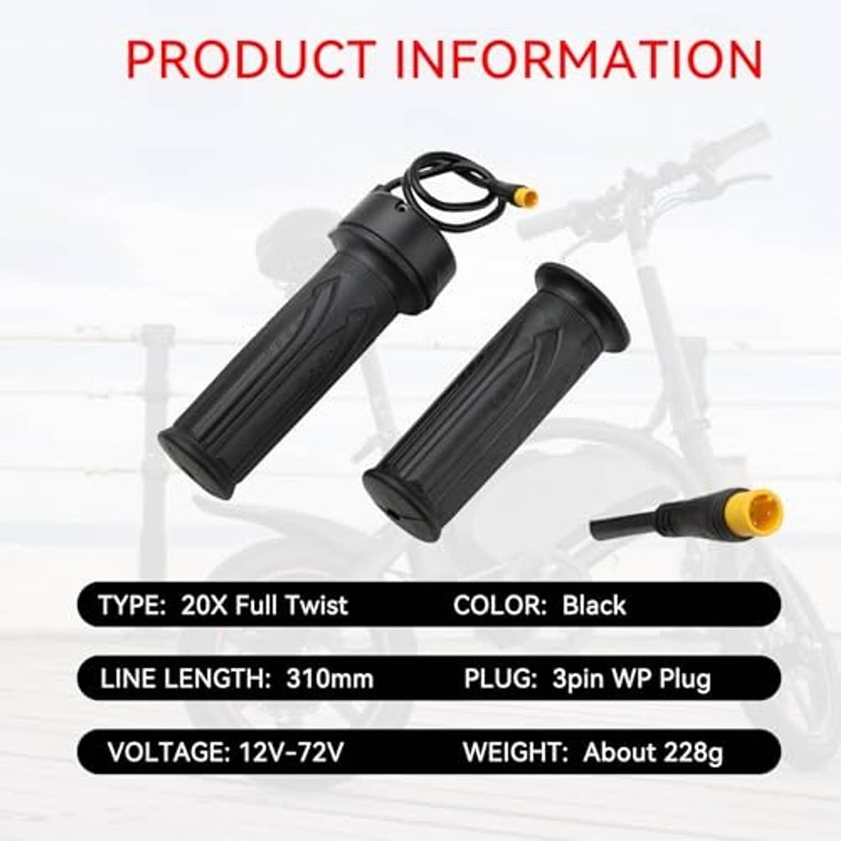 Black twist throttle grips with coiled cable and yellow 3-pin plug
