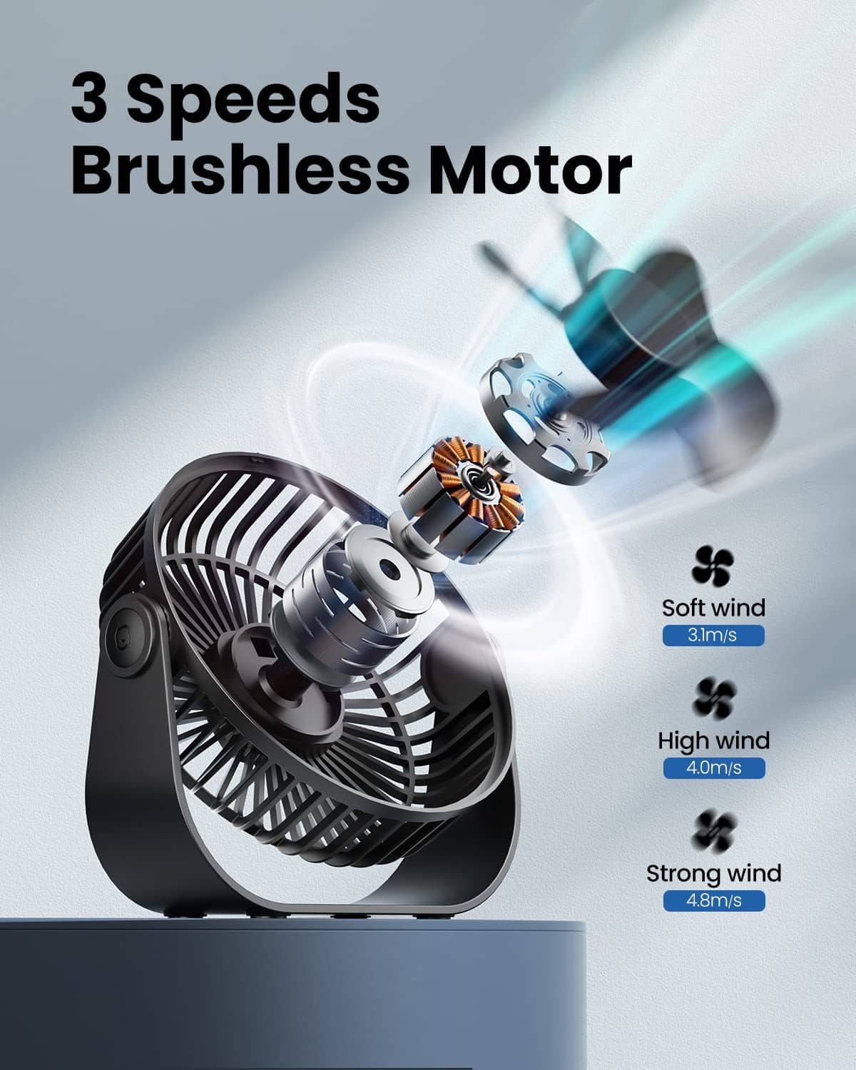 Black desk fan with visible motor airflow blades, 3-speed design