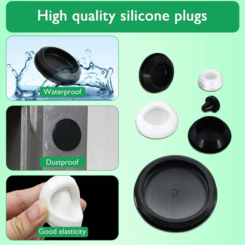 Set of white and black rubber hole plugs with round cap openings