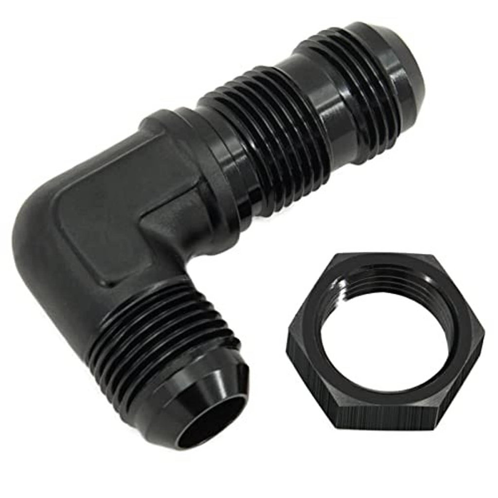 Black 90-degree bulkhead flare fitting union adapter, male-threaded ends with hex nut