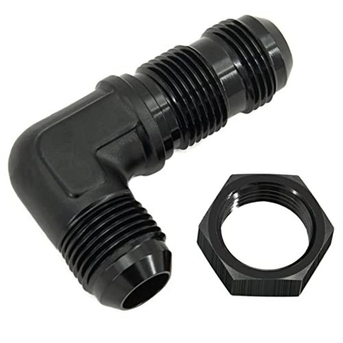 Black 90-degree bulkhead flare fitting union adapter, male-threaded ends with hex nut