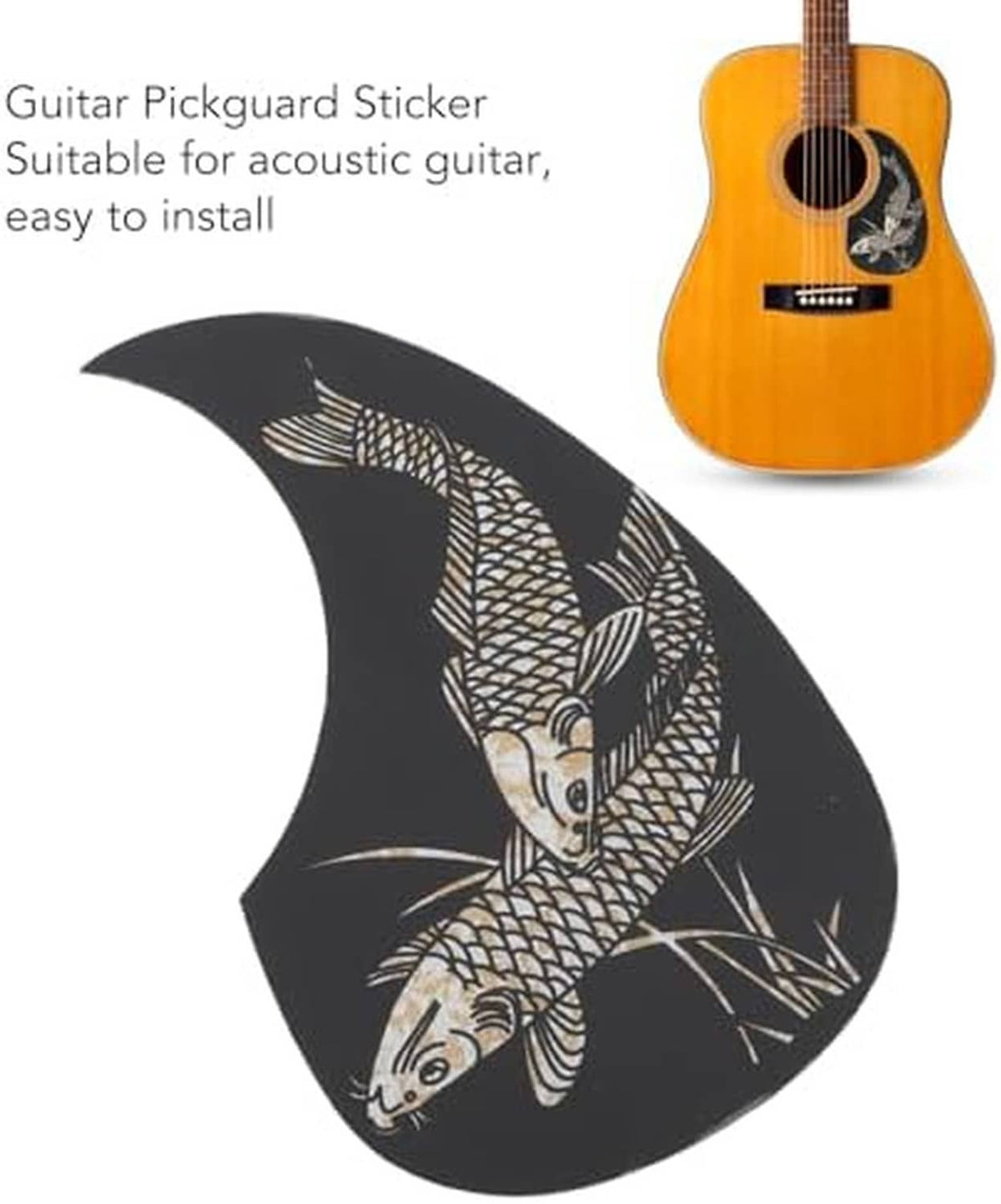 Acoustic guitar with black teardrop pickguard sticker featuring gold fish design