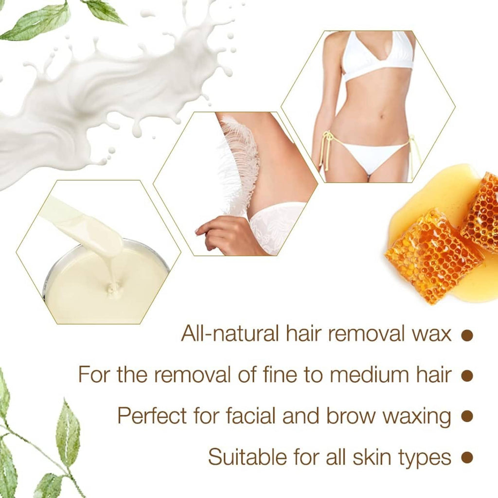 Hair removal wax for fine to medium hair, shown with wax application areas
