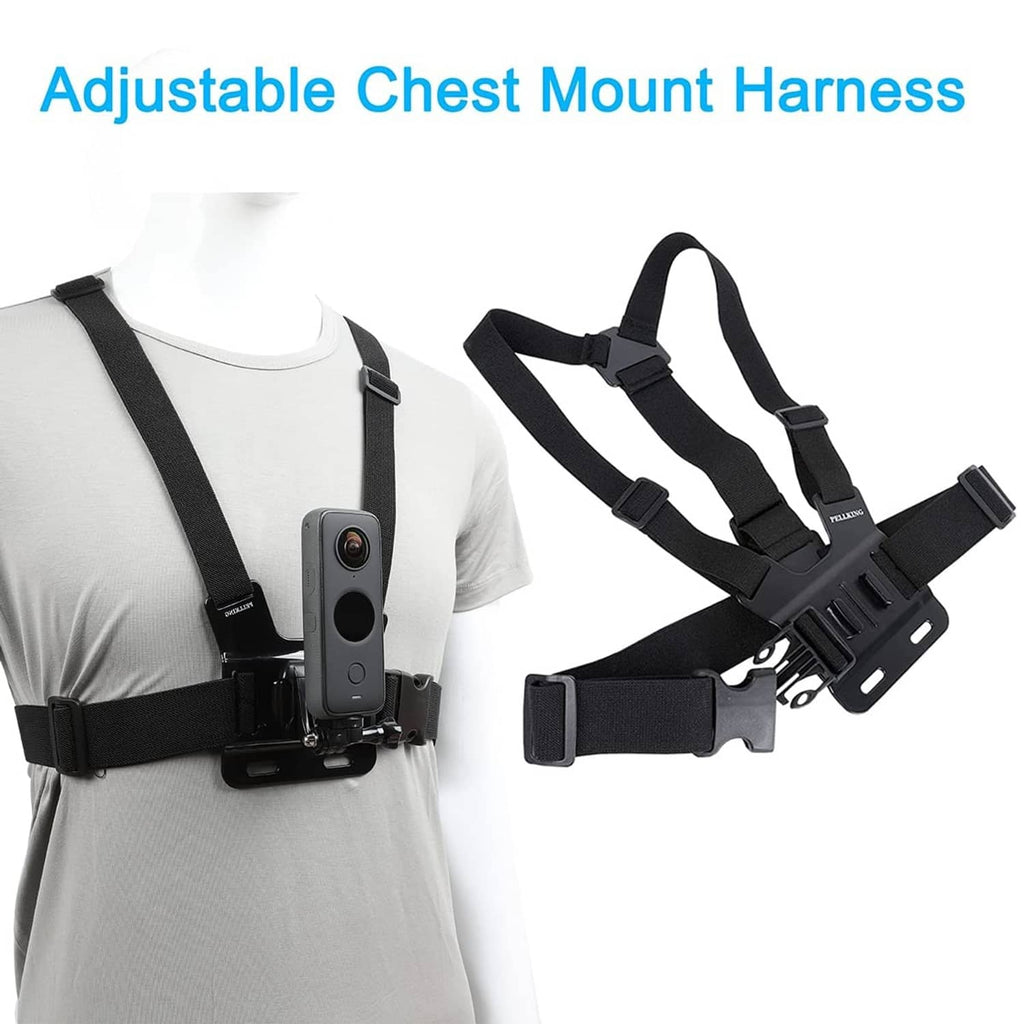 Adjustable chest mount harness with black straps and camera bracket