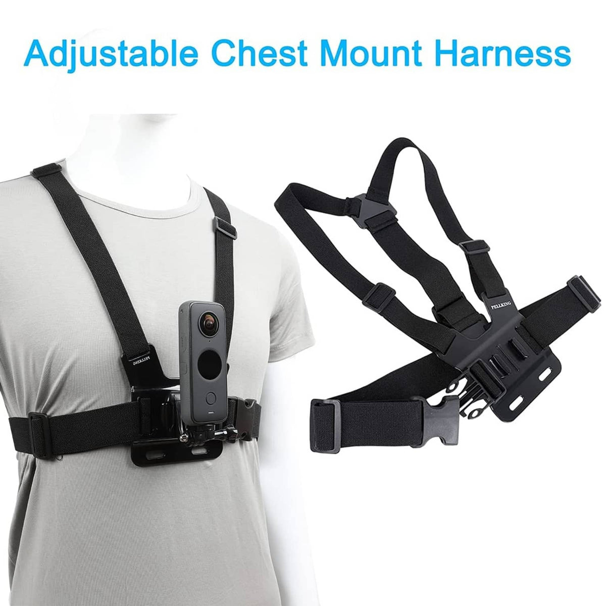 Adjustable chest mount harness with black straps and camera bracket