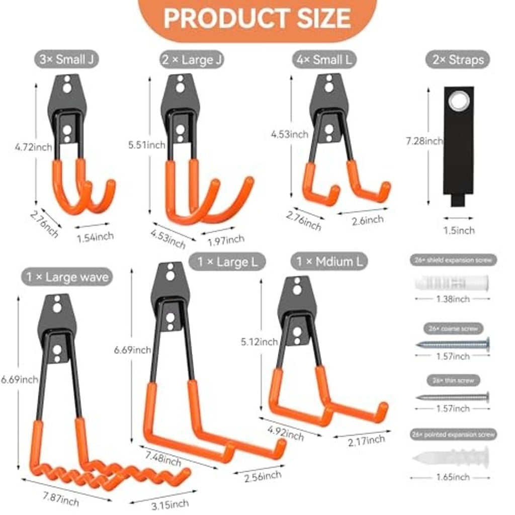 Product size diagram for black-and-orange garage hooks in multiple styles