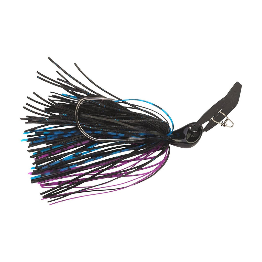 Black bladed jig with teal-blue and purple skirt strands and attached hook