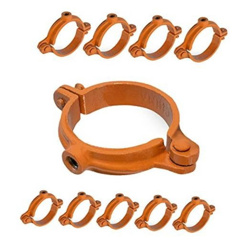 Orange hinged split ring pipe hangers, 3/4 in, shown as five-piece set