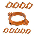 Orange hinged split ring pipe hangers, 3/4 in, shown as five-piece set