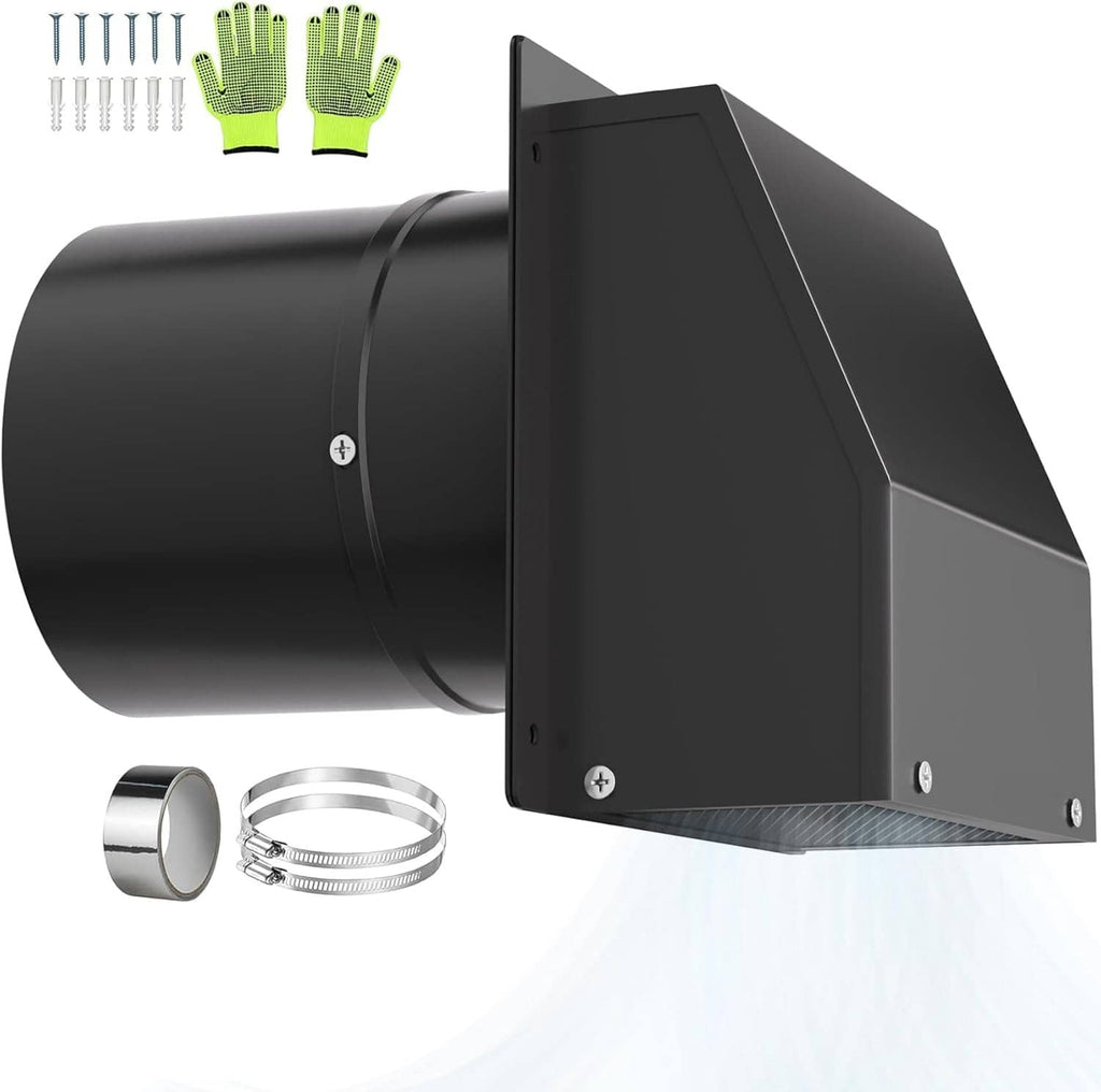 4-inch outdoor dryer vent hood with mesh screen and mounting screws, dark steel