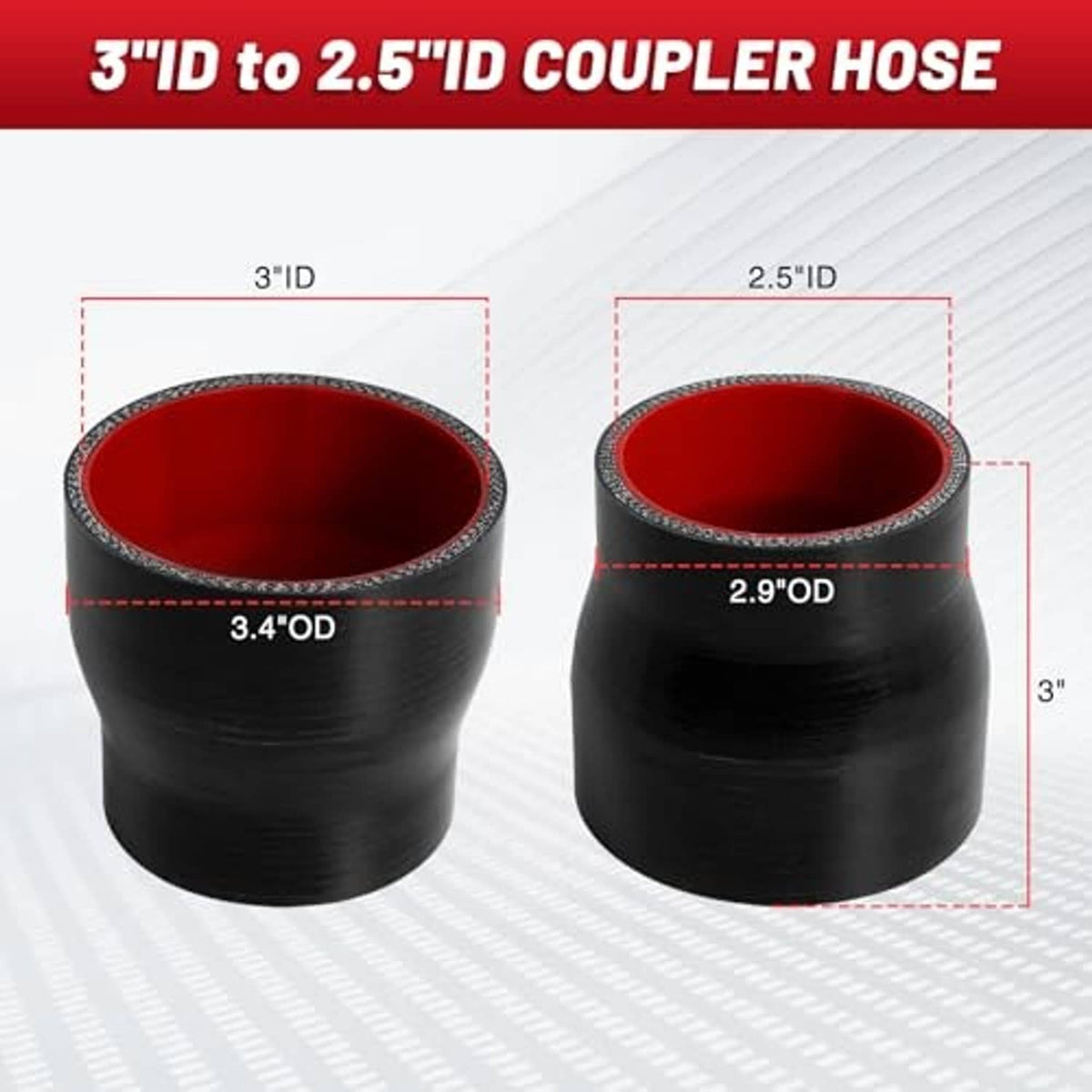 Black silicone coupler reducer hose with red interior, 3in to 2.5in