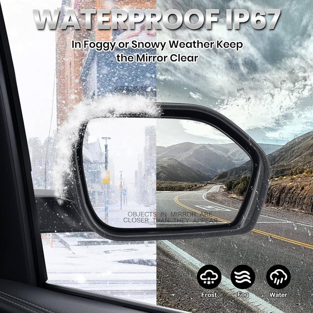 Passenger side door mirror with rain-speckled glass in a frame